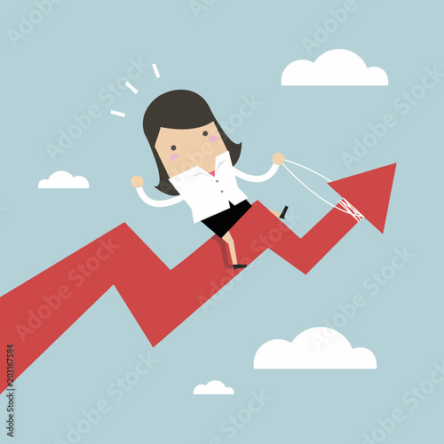 Businesswoman riding success arrow graph.