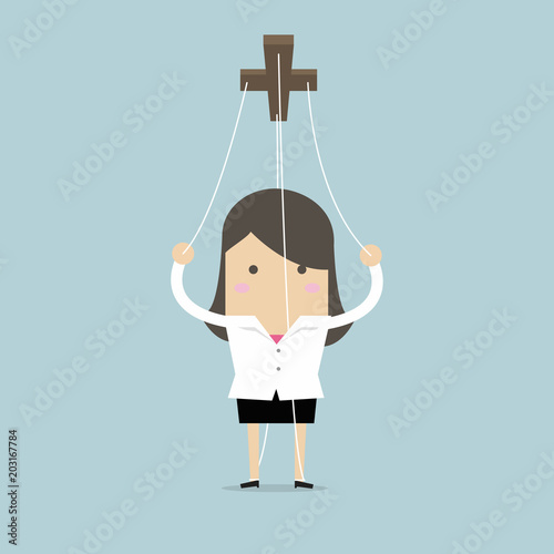 Businesswoman marionette on ropes.