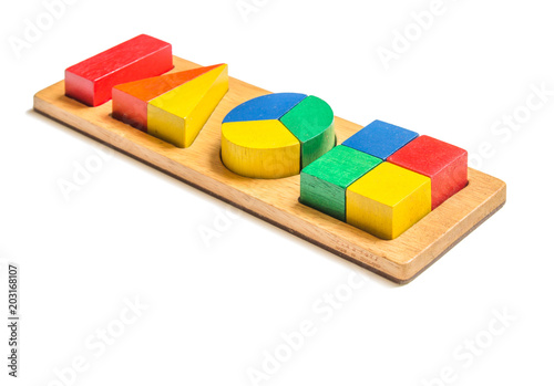 Various Wood Toy Block Pieces and Shapes Isolated on White Background to practice and develop children.