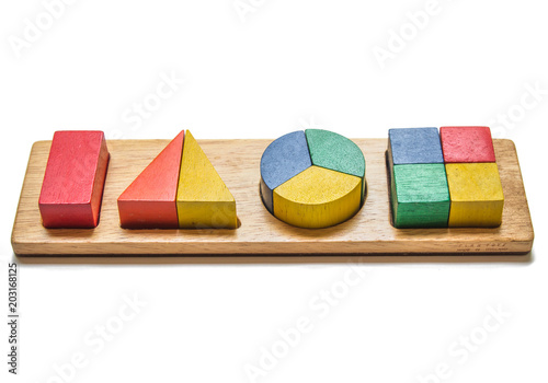 Various Wood Toy Block Pieces and Shapes Isolated on White Background to practice and develop children. photo