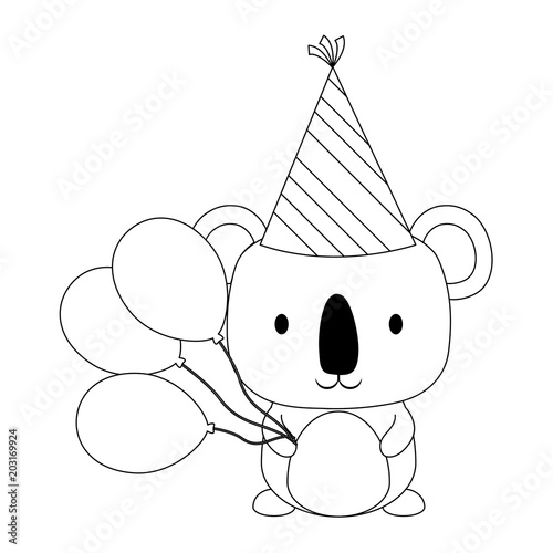 happy birthday design with cute koala with birthday hat and balloons over white background, vector illustration photo