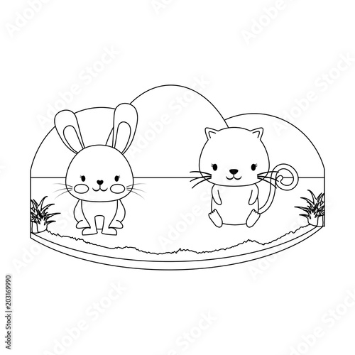 landscape with cute rabbit and cat over white background, vector illustration