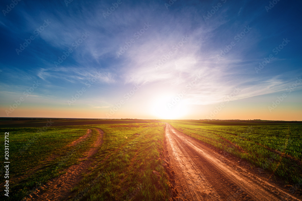 Green field,blue sky and sun.