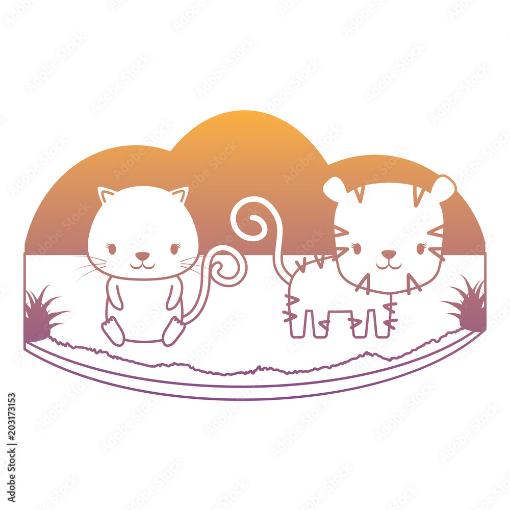 landscape with cute cat and tiger over white background, colorful design. vector illustration landscape with cute cat and tiger over white background, colorful design. vector illustration