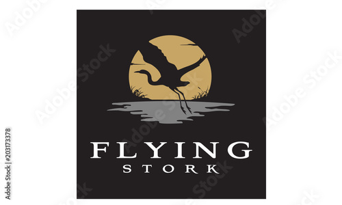 Flying Stork Heron Bird on River lake Creek Sunset logo design 