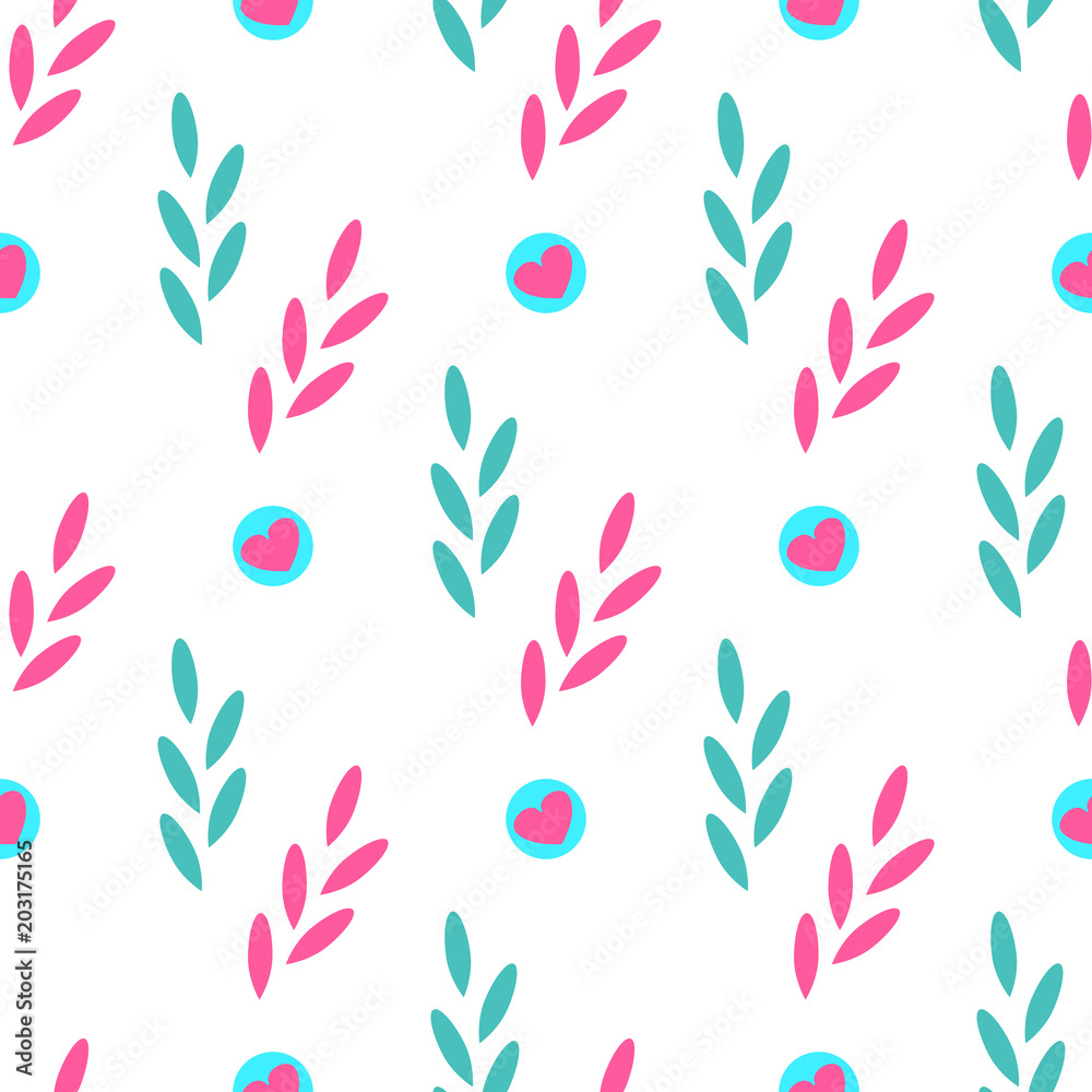 Seamless pattern of abstract plants with hearts. Vector background