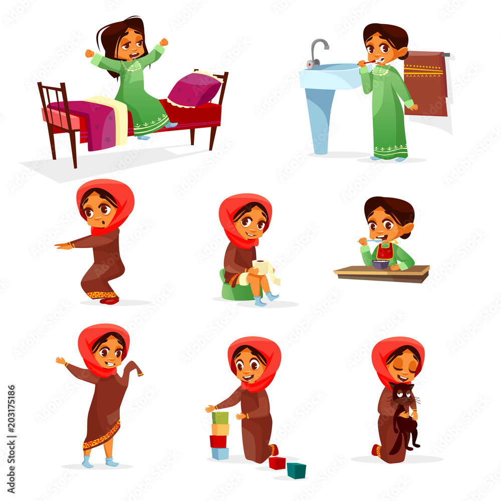 Vector cartoon arab girl morning routine activity set. Female muslim ...