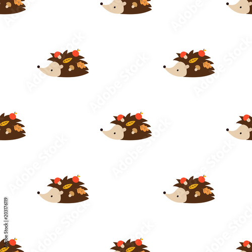Seamless pattern of hedgehog with apples, mushrooms and leaves