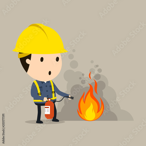 Extinguish with a fire extinguisher, Vector illustration, Safety and accident, Industrial safety cartoon