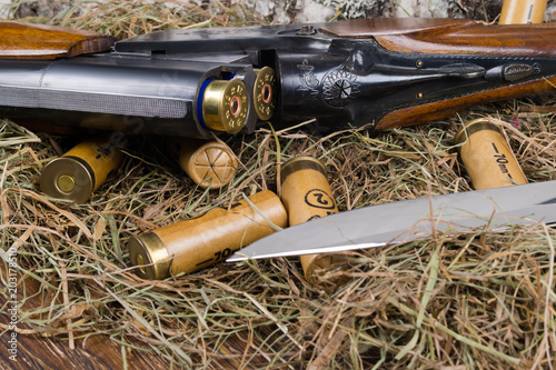 Items for hunting in dry grass, shells for a gun and a knife