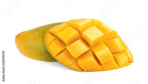 Mango fruit, cubes and mango slices, isolated on a white background