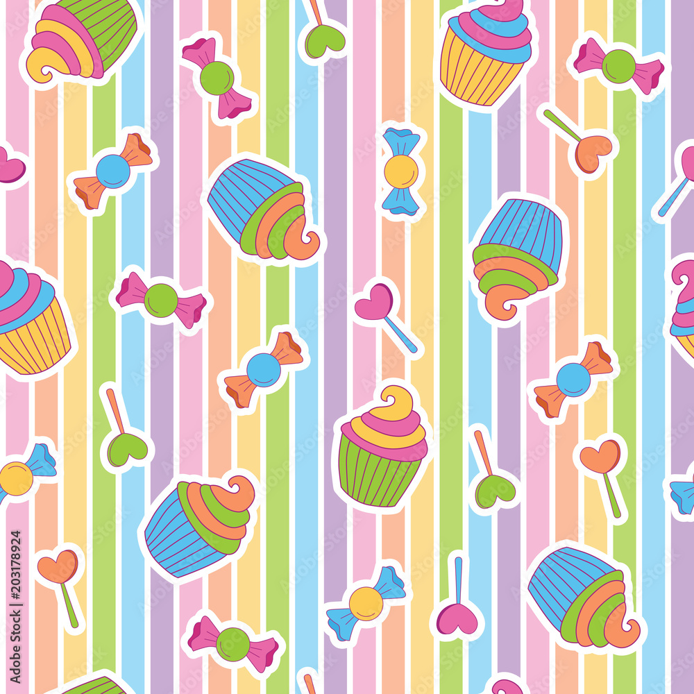 Vibrant edgy cupcake candy in rainbow color. A playful, modern, and flexible pattern for brand who has cute and fun style. Repeated pattern. Happy, bright, and magical mood. Vibrant edgy cupcake candy in rainbow color. A playful, modern, and flexible pattern for brand who has cute and fun style. Repeated pattern. Happy, bright, and magical mood.