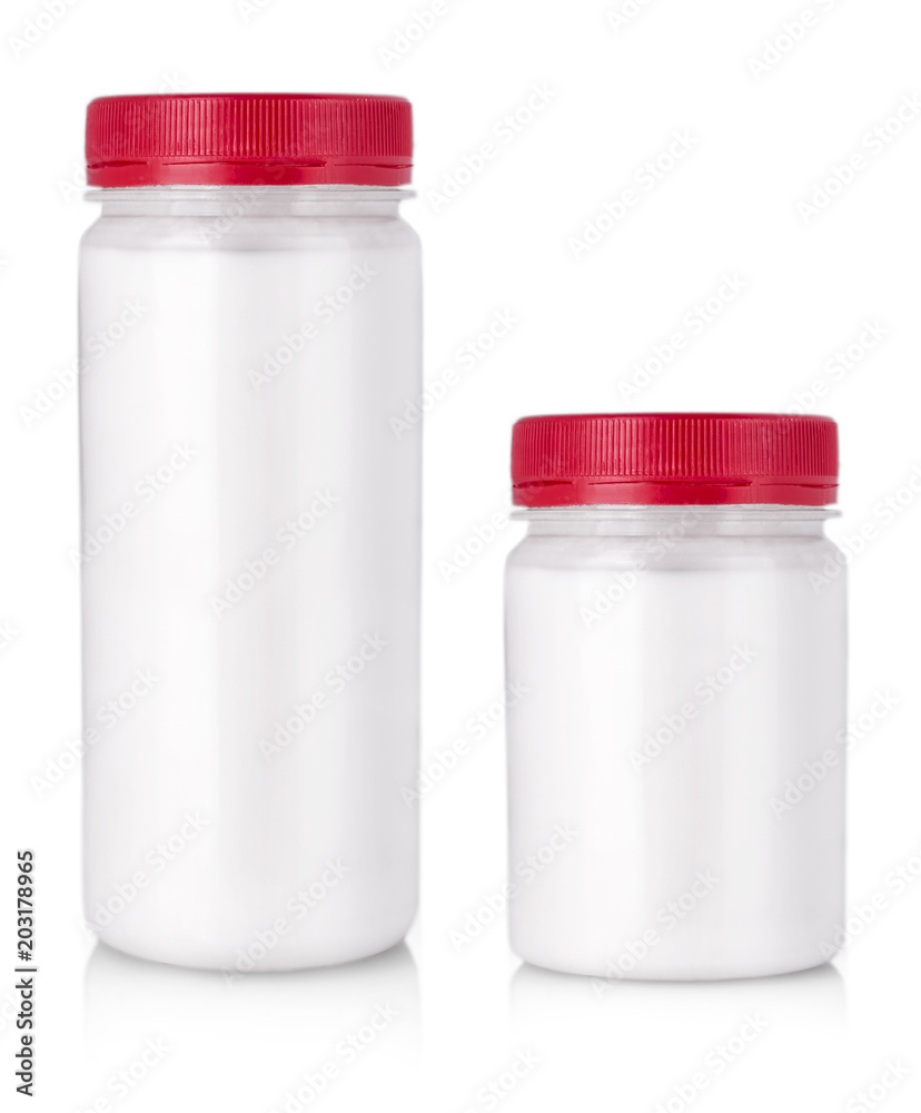 white jar with red cap without label on a white background. white jar with red cap without label on a white background.