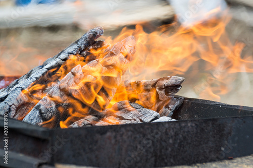 Flame of fire. Burning firewood on the grill for shish kebab. Picnic photo