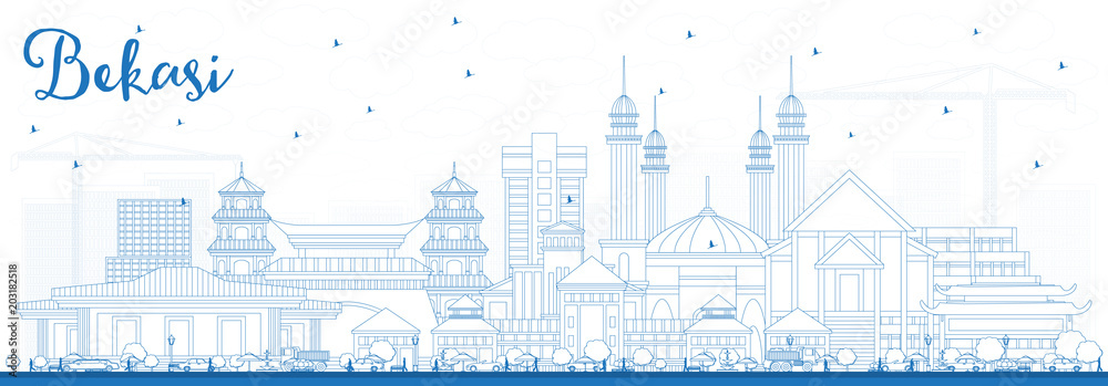 Outline Bekasi Indonesia City Skyline with Blue Buildings.