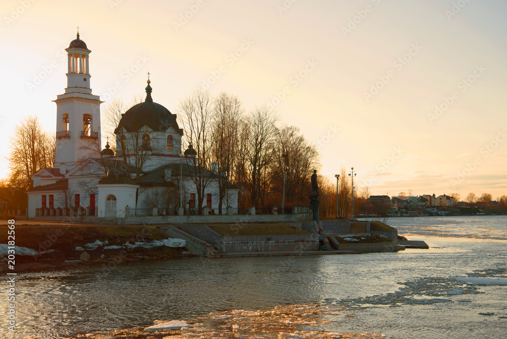 Church of the Holy Prince Alexander Nevsky against the backdrop of the April sunset, Saint- Petersburg