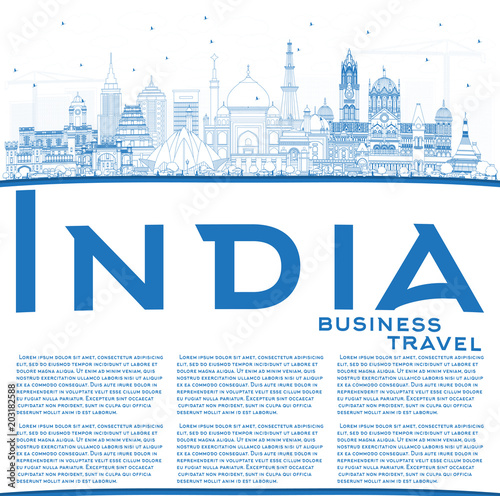 Outline India City Skyline with Blue Buildings and Copy Space.