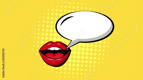 pop art woman mouth lips speech bubble yellow background