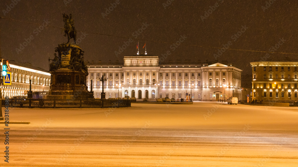 night view of St Isaac Square in St Petersburg