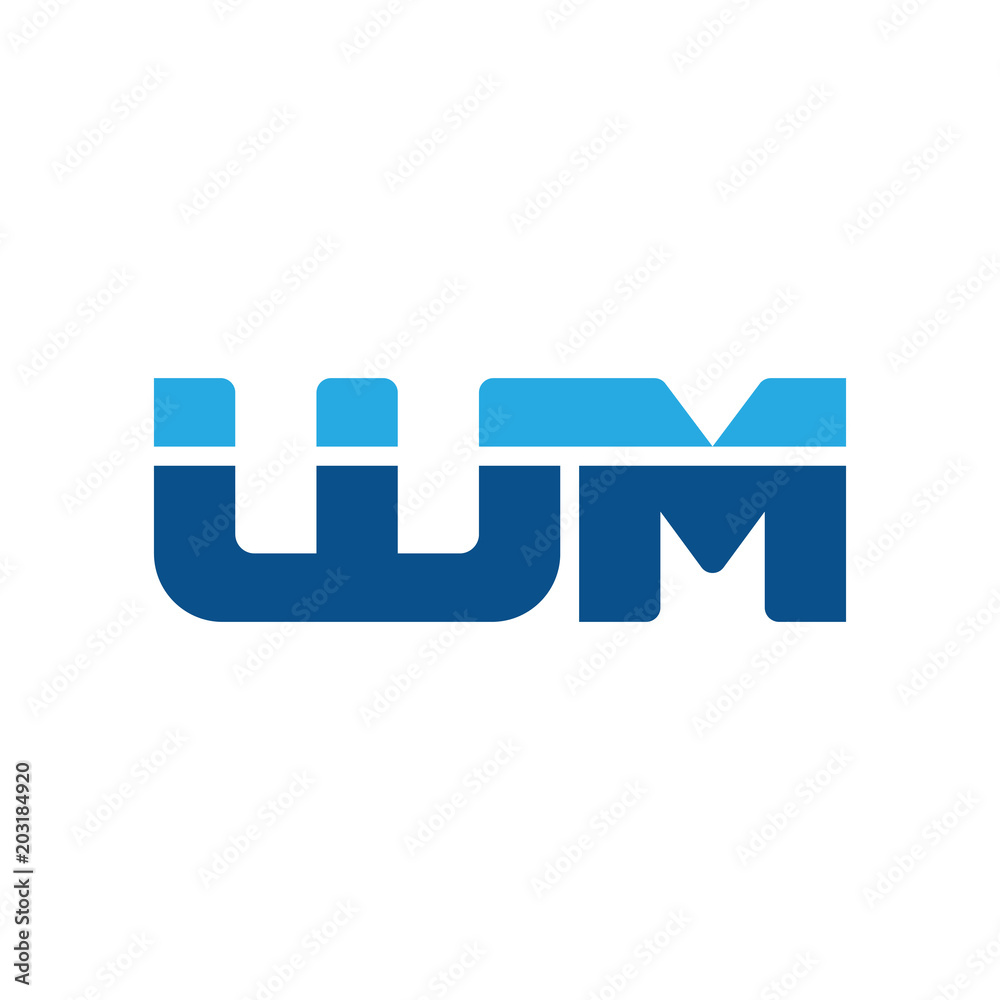 Initial letter WM, straight linked line bold logo, simple flat blue colors Initial letter WM, straight linked line bold logo, simple flat blue colors