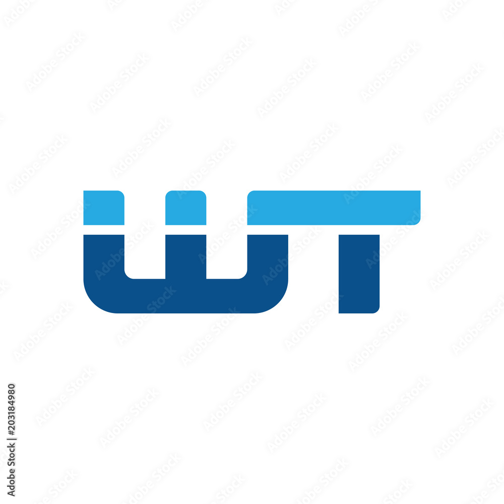 Initial letter WT, straight linked line bold logo, simple flat blue colors Initial letter WT, straight linked line bold logo, simple flat blue colors