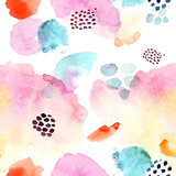 Watercolor seamless pattern, dot memphis fashion style, bright design repeating background. Hand painted modern brush shapes.