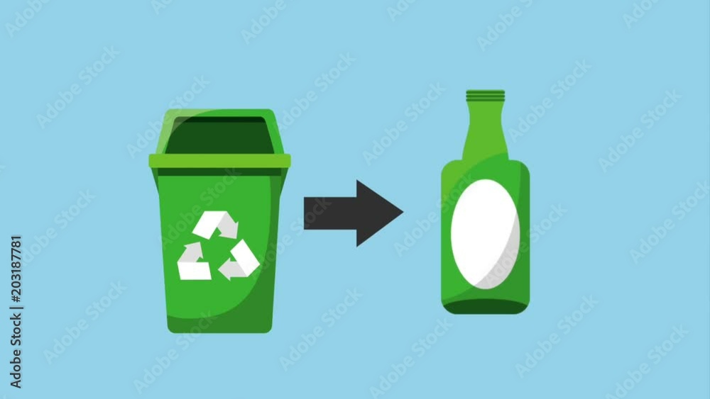 recycling bin with waste glass bottle paper and cardboard animation recycling bin with waste glass bottle paper and cardboard animation
