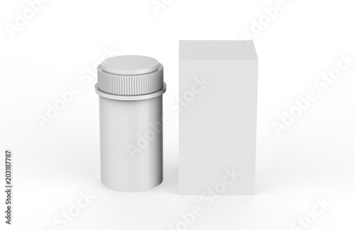 Medicine bottle and packaging box mockup on isolated white background, 3d illustration