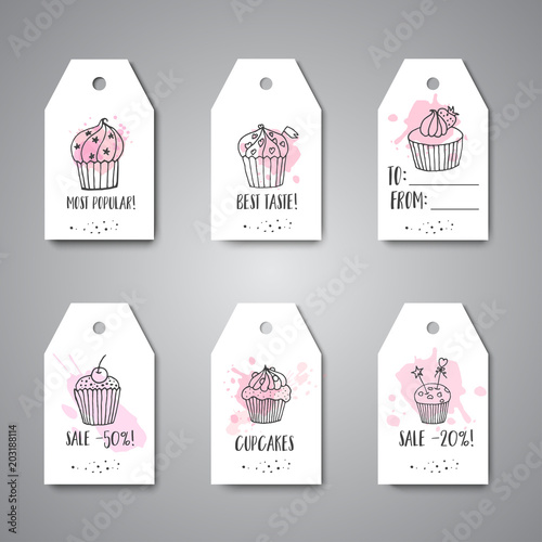 Cupcake hanging with handdrawn cupcakes and pink splashes. Sweet pastry sale labels and promo tags. Pastry gift tag Vector