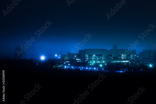 The thermal power station in Lavriki in the misty night