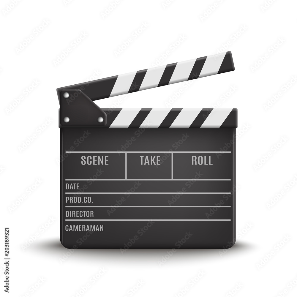 Obraz premium Vector 3d realistic illustration of open movie Clapperboard or clapper isolated on background