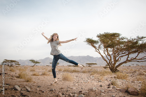 Girl have fun in desert in a day