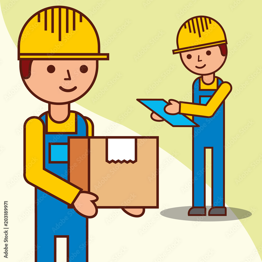 delivery men checking with a parcel and a clipboard vector illustration