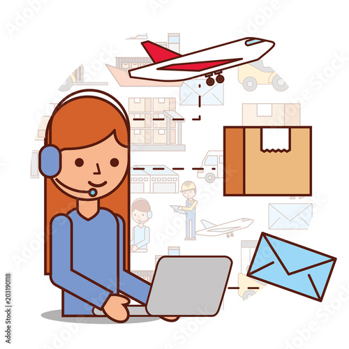 woman operator logistic headset and box envelope airplane vector illustration