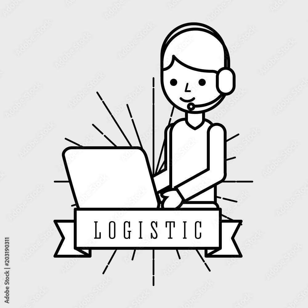 logistic man operator headset and laptop emblem style vector illustration