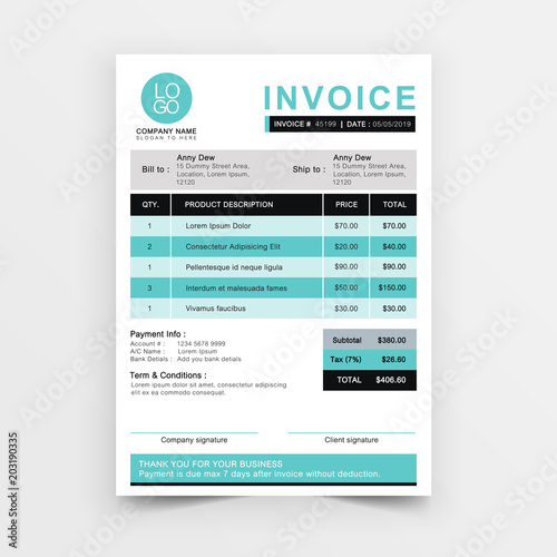 Invoice template vector design. Blue minimal quotation design.