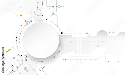 Vector illustration abstract futuristic, circuit board on light gray background, Modern hi-tech digital technology concept. Blank white 3d paper circle label for content, business, engineering