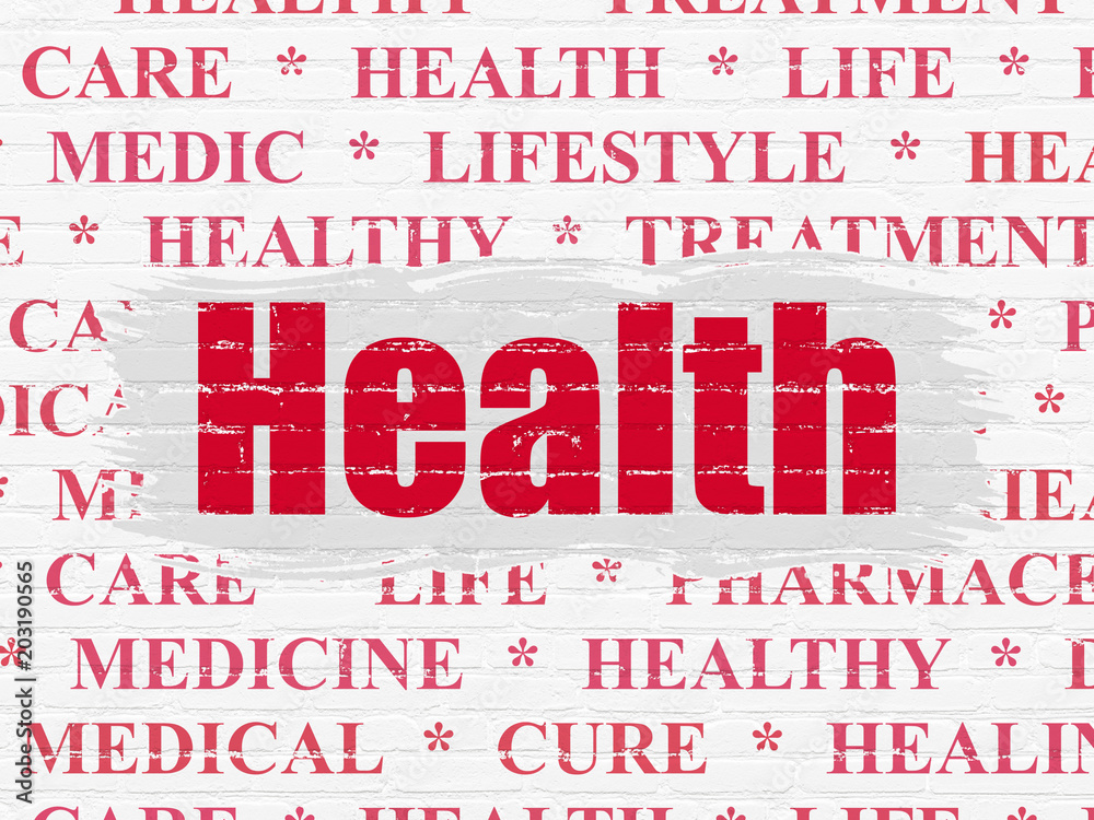 Health concept: Painted red text Health on White Brick wall background with Tag Cloud Health concept: Painted red text Health on White Brick wall background with Tag Cloud