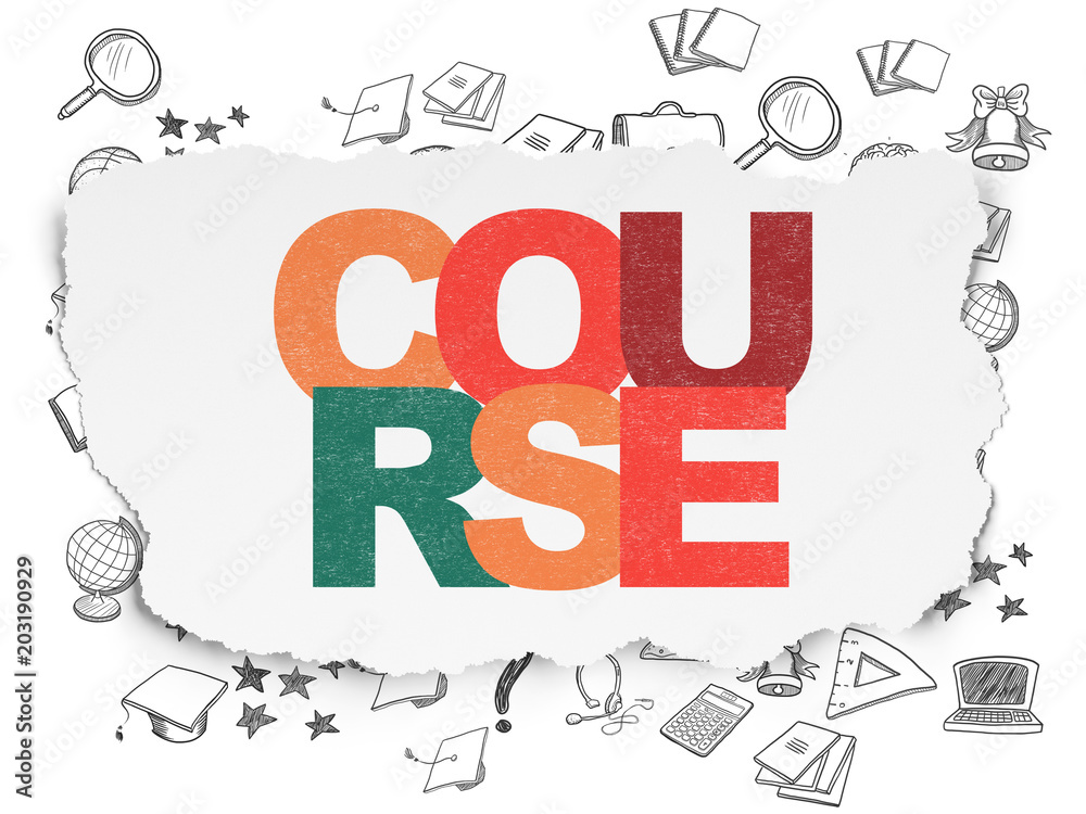 Fototapeta premium Studying concept: Painted multicolor text Course on Torn Paper background with Hand Drawn Education Icons