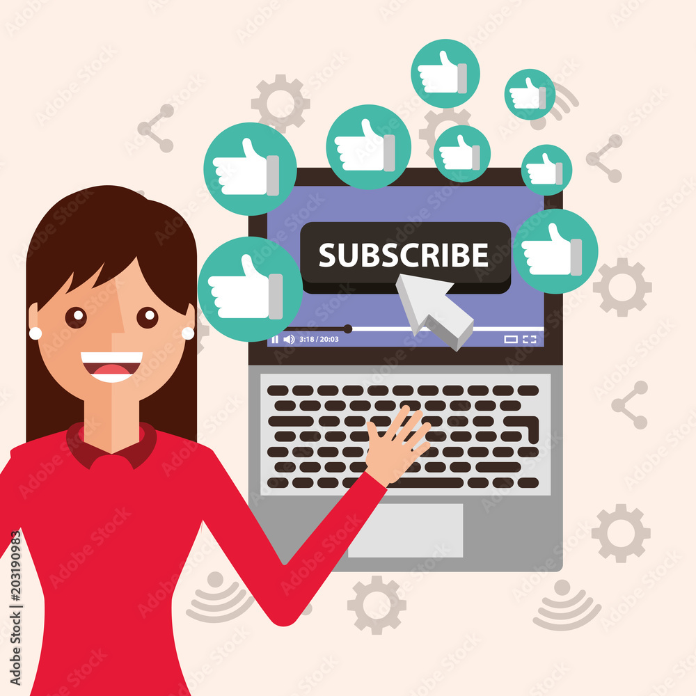 young woman subscribe channel laptop likes vector illustration young woman subscribe channel laptop likes vector illustration
