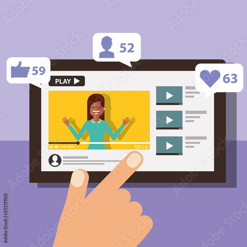 hand with tablet woman on screen video blogger vector illustration