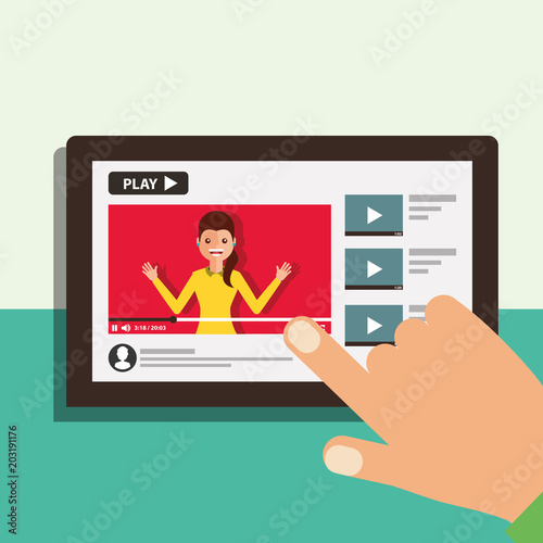 hand with tablet woman on screen video blogger vector illustration