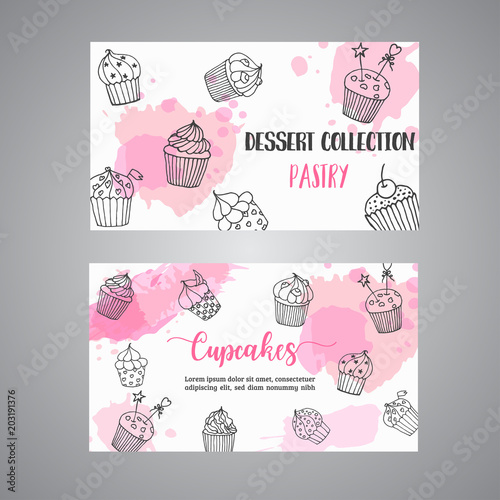 Cupcake cards with handdrawn cupcakes and pink splashes. Pastry, bakery, business card. Vector