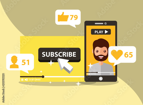 smartphone with man on screen subscribe popular channel vector illustration