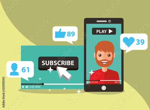 smartphone with man on screen subscribe popular channel vector illustration