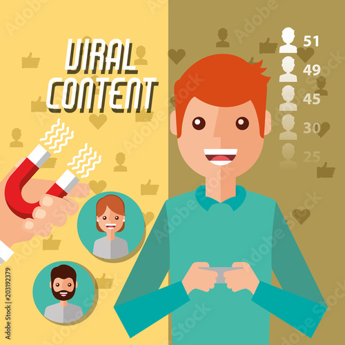 man holds mobile viral content with magnet attracts followers vector illustration photo