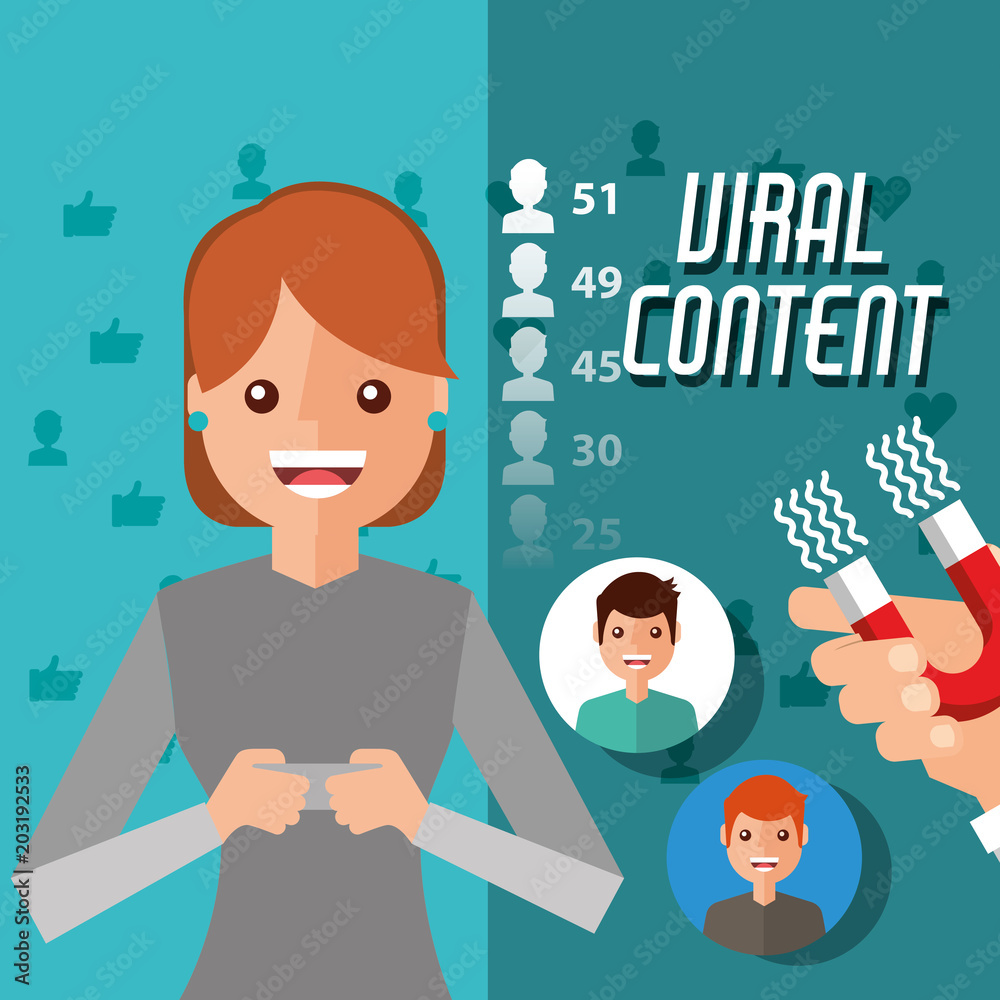 viral content woman holding mobile with magnet attracts followers vector illustration