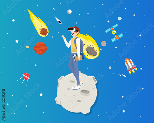 Man wearing virtual reality glasses in universe concept