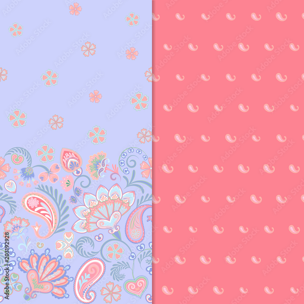Indian pattern set, bright floral ornaments. Hand drawn texture for clothes, bedclothes, fabric of the dress etc. Delicate pink and blue Indian pattern set, bright floral ornaments. Hand drawn texture for clothes, bedclothes, fabric of the dress etc. Delicate pink and blue
