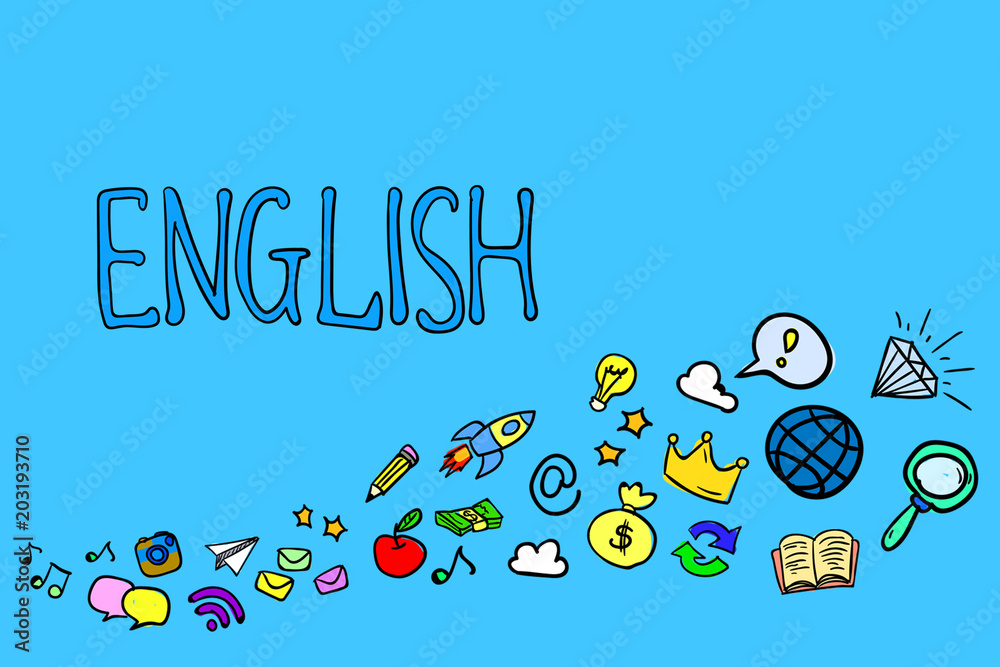 Text English icons on a blue background. The concept of learning English